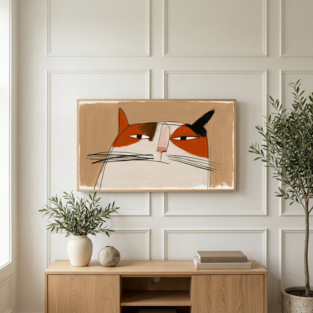 Calico cat face art on a TV above a light oak sideboard with olive branches in a bright living room