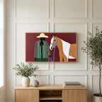 Cowboy with a horse art on a TV above a light oak sideboard with olive branches in a bright living room