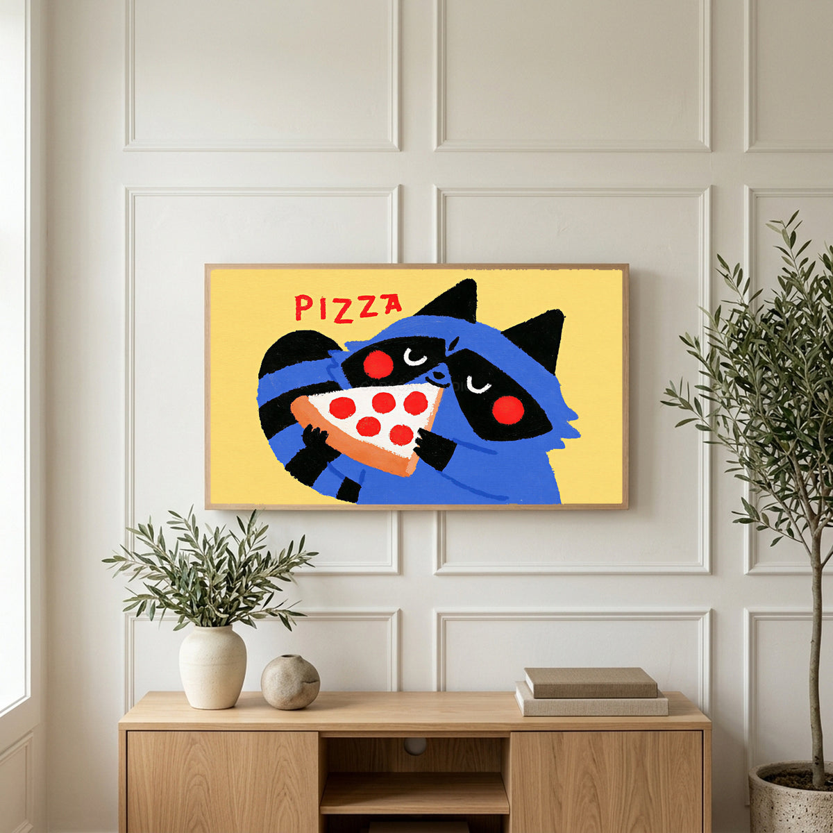 Raccoon pizza art on a TV above a light oak sideboard with olive branches in a bright living room
