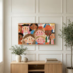 Smiling faces art on a TV above a light oak sideboard with olive branches in a bright living room