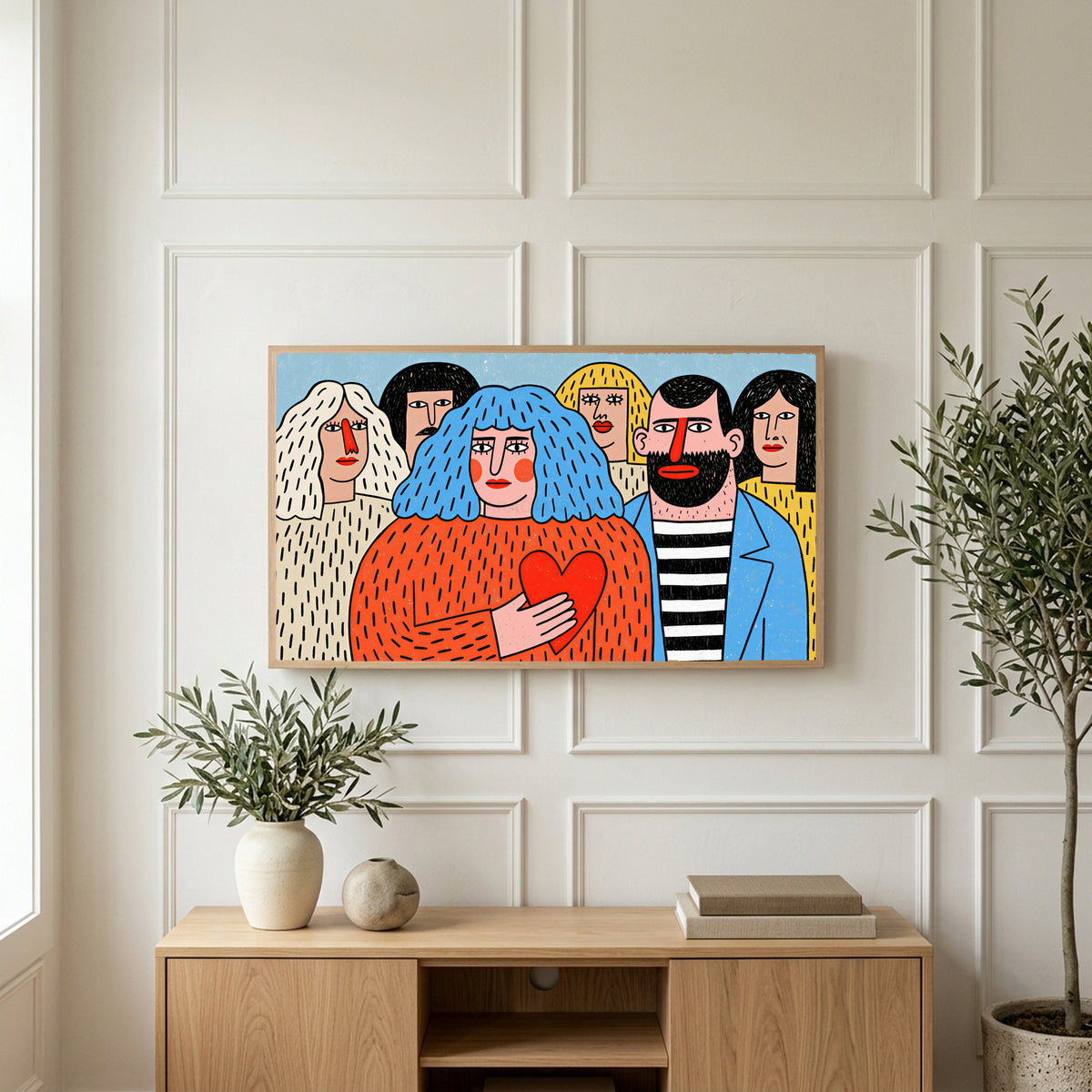 Colorful naive crowd with a heart art on a TV above a light oak sideboard with olive branches in a bright living room