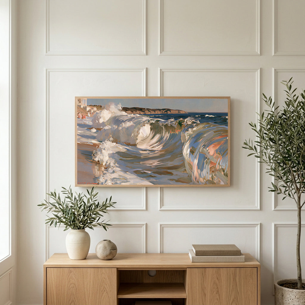 Crashing ocean waves art on a TV above a light oak sideboard with olive branches in a bright living room