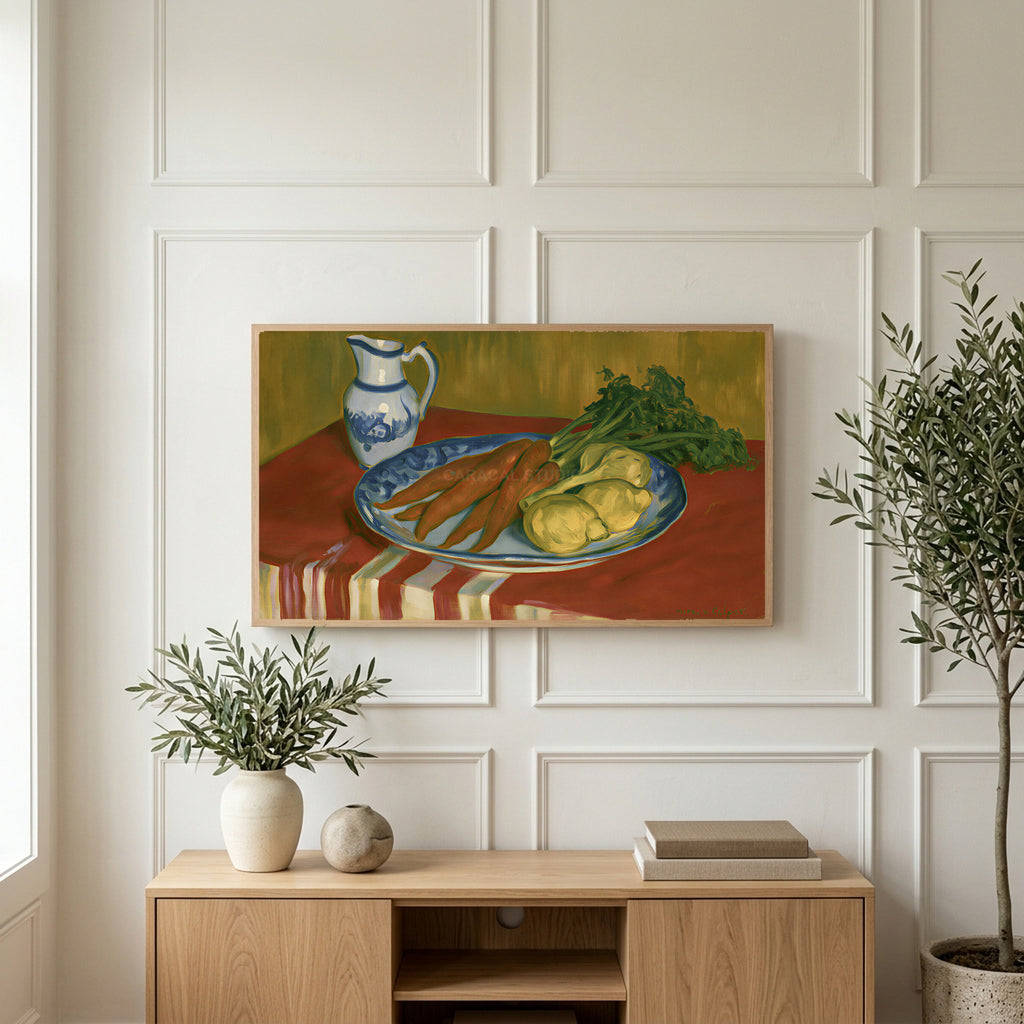 Vintage carrot still life art on a TV above a light oak sideboard with olive branches in a bright living room