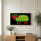 Pop art sheep art on a TV above a light oak sideboard with olive branches in a bright living room