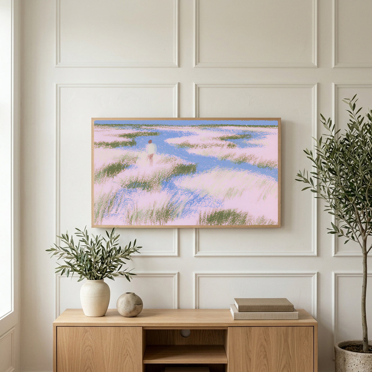 Pastel wetland walker art on a TV above a light oak sideboard with olive branches in a bright living room