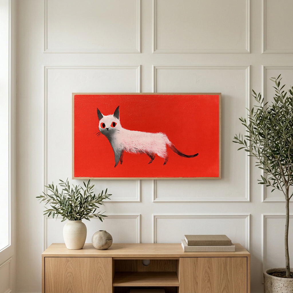 White cat art on a TV above a light oak sideboard with olive branches in a bright living room