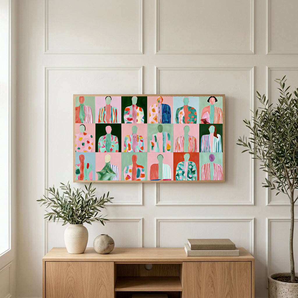 Faceless portraits art on a TV above a light oak sideboard with olive branches in a bright living room