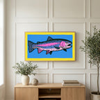 Rainbow trout art on a TV above a light oak sideboard with olive branches in a bright living room