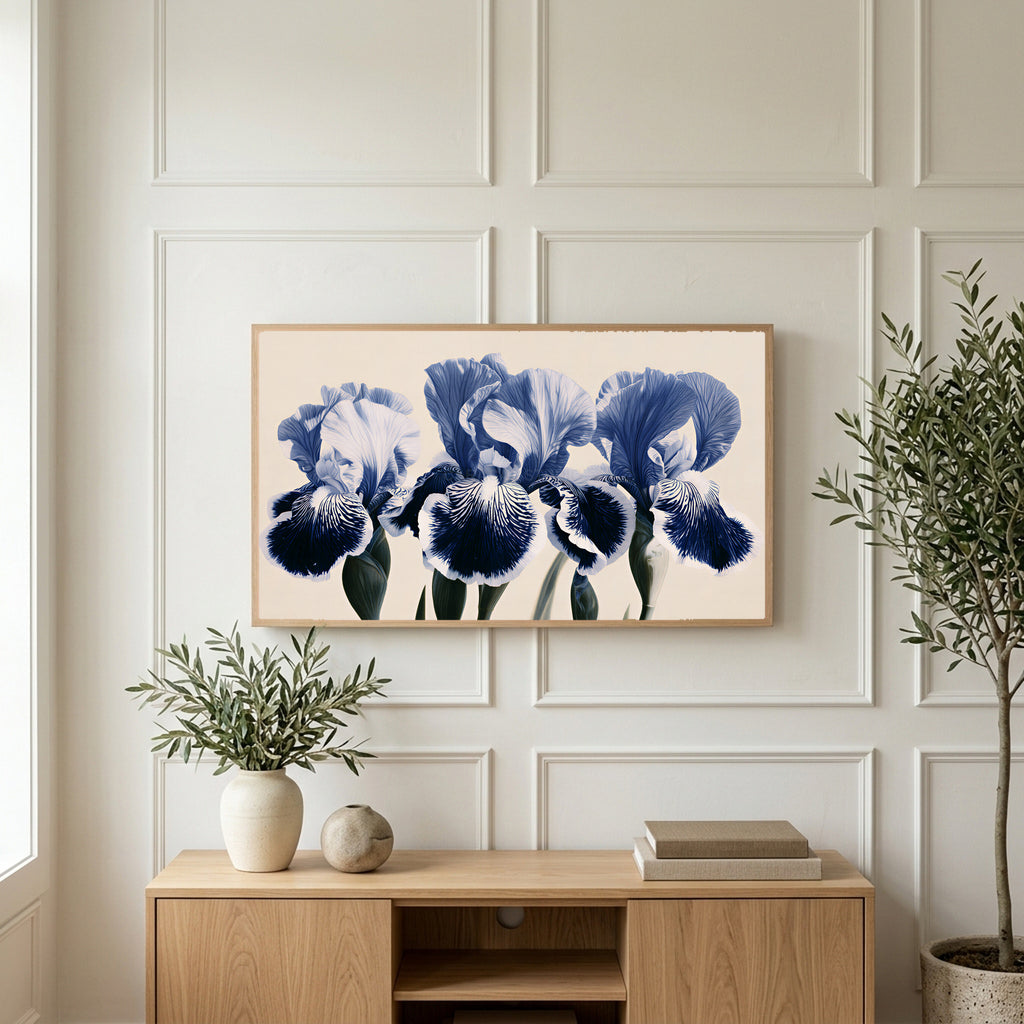 Blue iris art on a TV above a light oak sideboard with olive branches in a bright living room