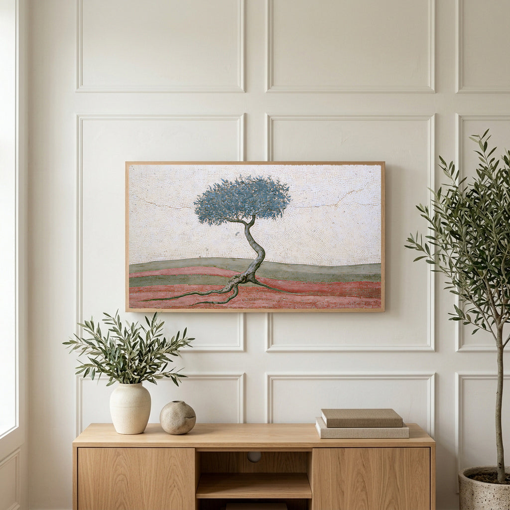 Mosaic tree art on a TV above a light oak sideboard with olive branches in a bright living room