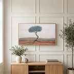 Mosaic tree art on a TV above a light oak sideboard with olive branches in a bright living room