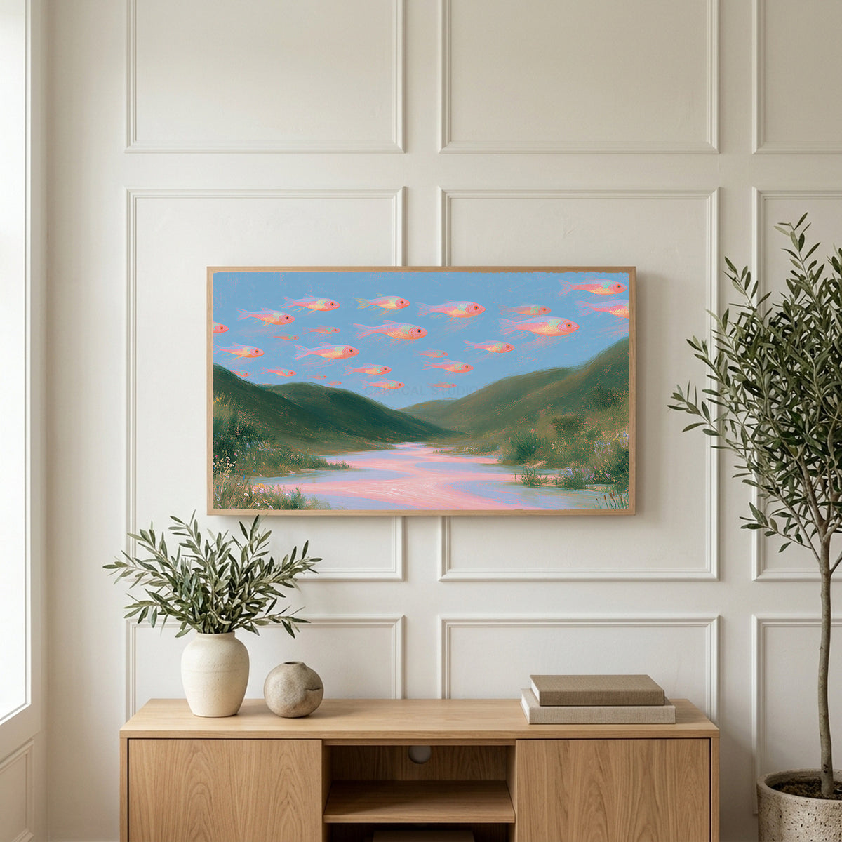 Flying fish art on a TV above a light oak sideboard with olive branches in a bright living room