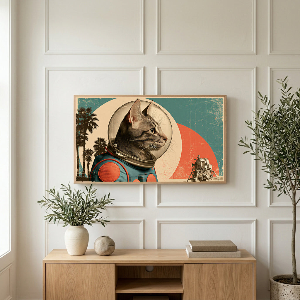 Vintage astronaut cat art on a TV above a light oak sideboard with olive branches in a bright living room