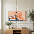 Dog with a croissant art on a TV above a light oak sideboard with olive branches in a bright living room