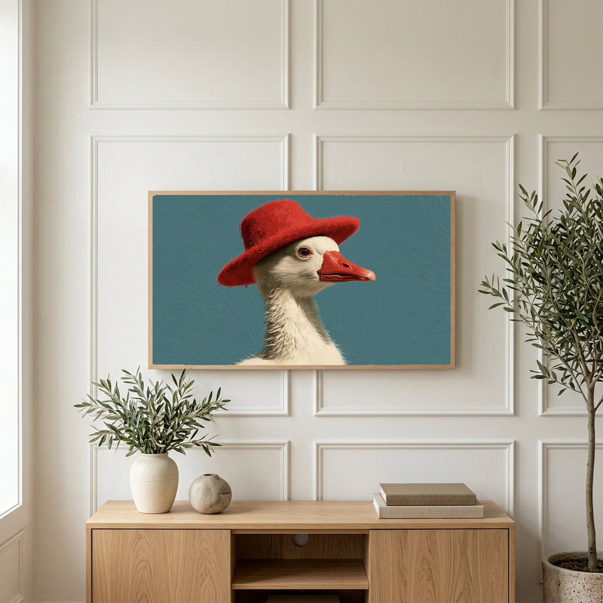 Duck in a red hat art on a TV above a light oak sideboard with olive branches in a bright living room