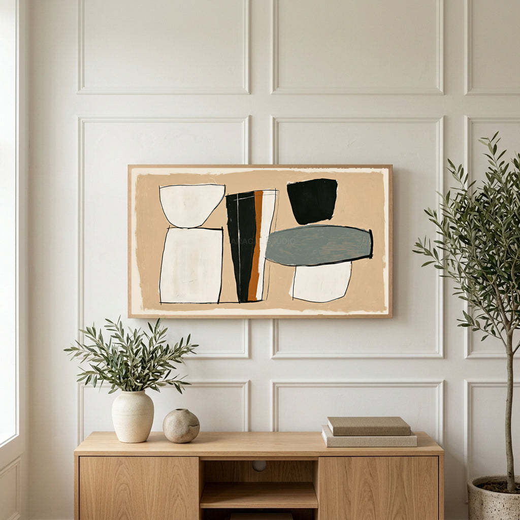 Mid century abstract shapes art on a TV above a light oak sideboard with olive branches in a bright living room