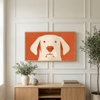 Minimalist dog art on a TV above a light oak sideboard with olive branches in a bright living room