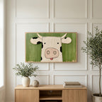 Funny cow art on a TV above a light oak sideboard with olive branches in a bright living room