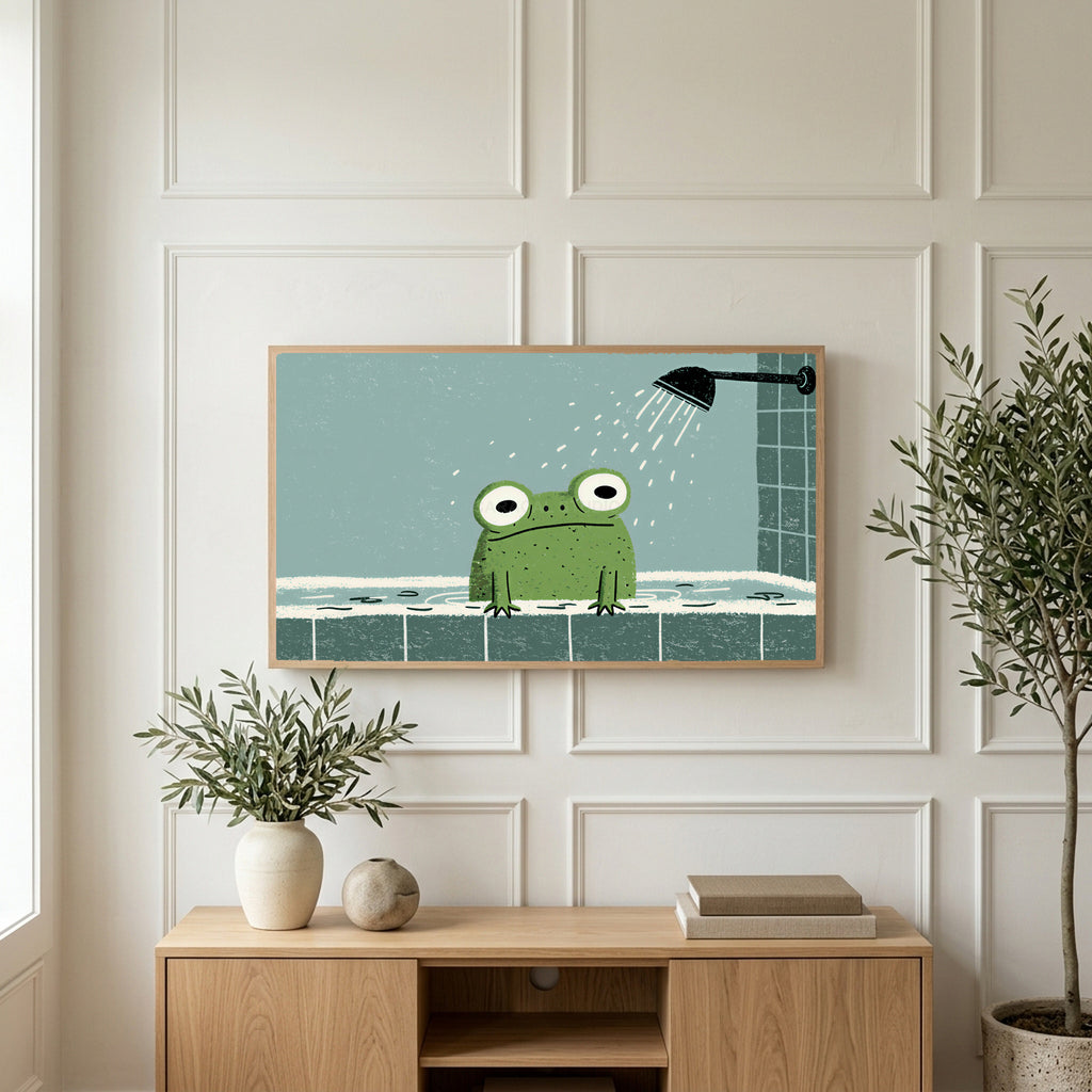 Frog in the shower art on a TV above a light oak sideboard with olive branches in a bright living room