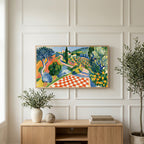 Italian countryside art on a TV above a light oak sideboard with olive branches in a bright living room
