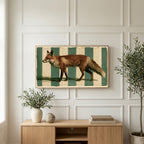 Red fox art on a TV above a light oak sideboard with olive branches in a bright living room
