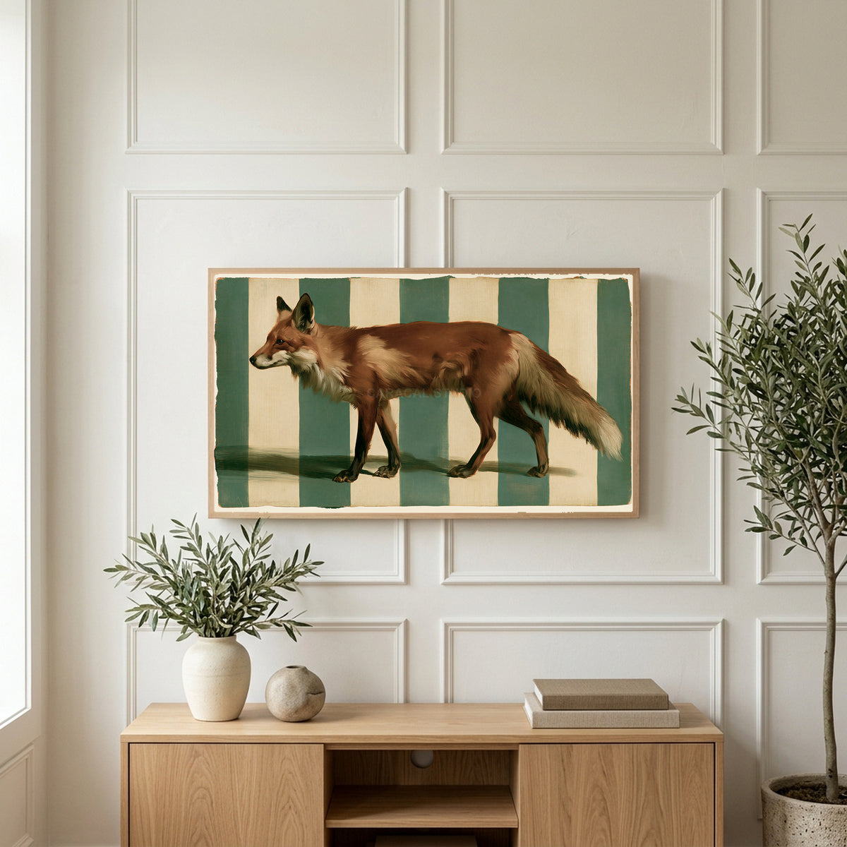 Red fox art on a TV above a light oak sideboard with olive branches in a bright living room