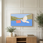 Dove with a letter art on a TV above a light oak sideboard with olive branches in a bright living room