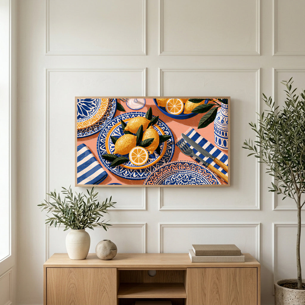 Mediterranean lemons art on a TV above a light oak sideboard with olive branches in a bright living room