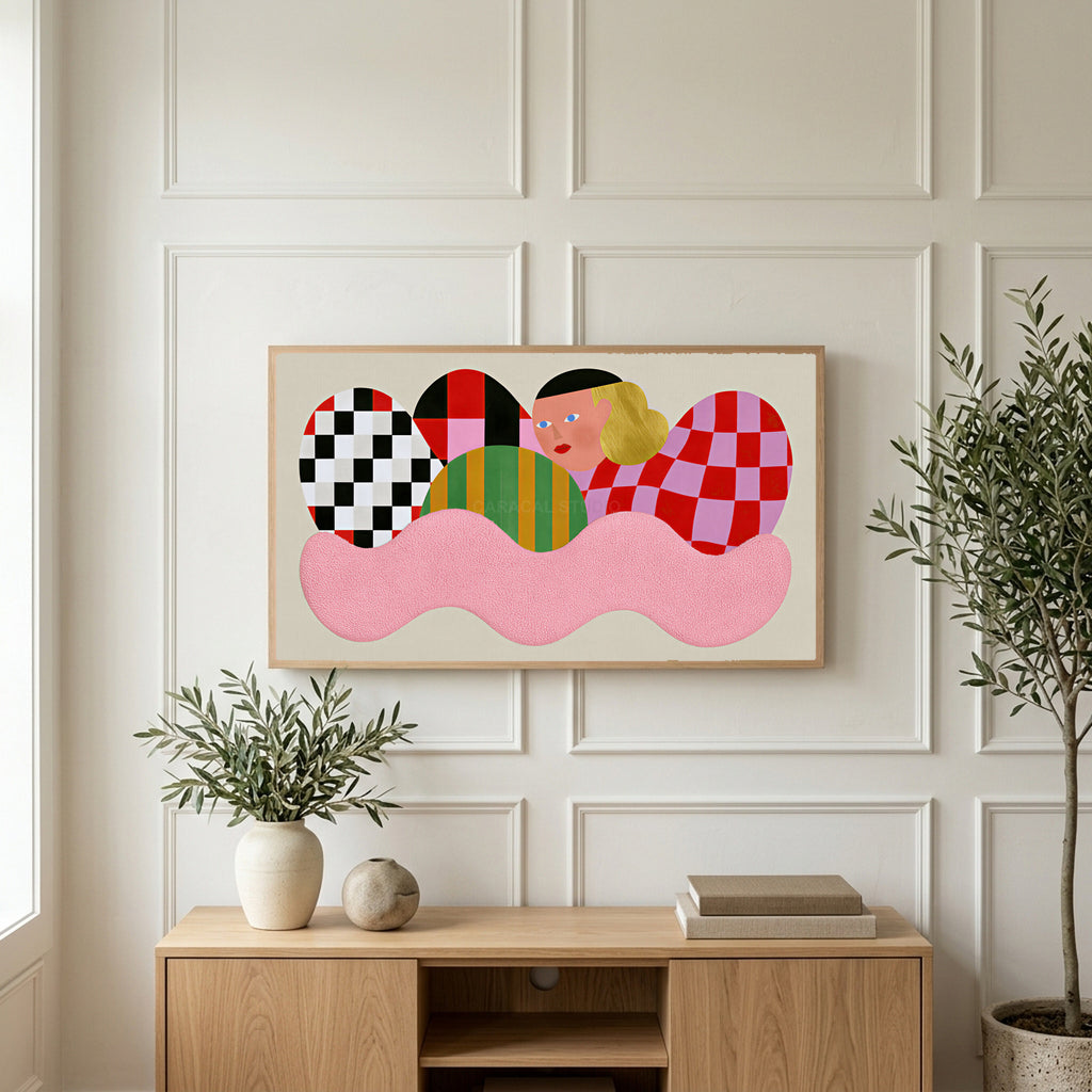 Checkered shapes portrait art on a TV above a light oak sideboard with olive branches in a bright living room