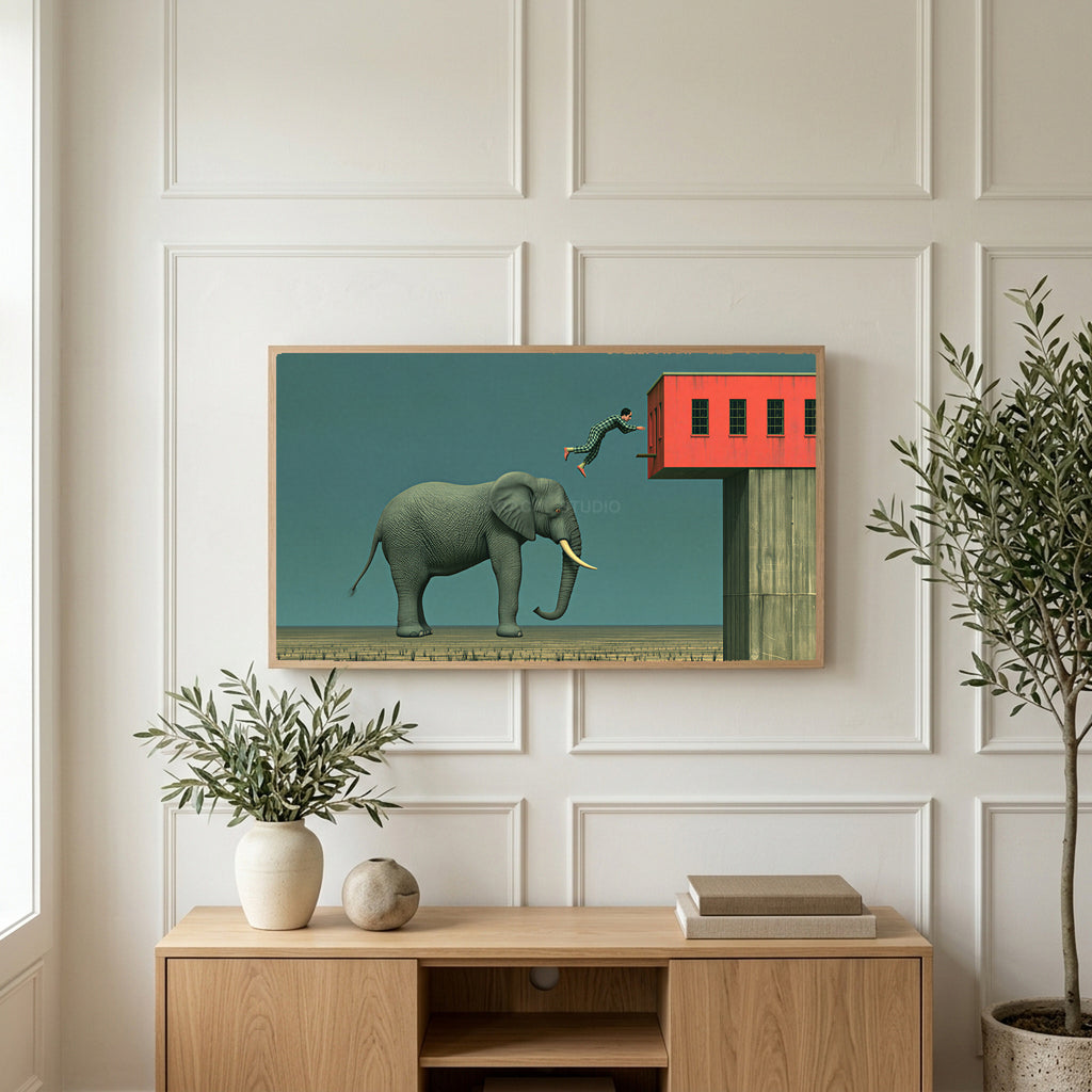 Elephant and leaping man art on a TV above a light oak sideboard with olive branches in a bright living room