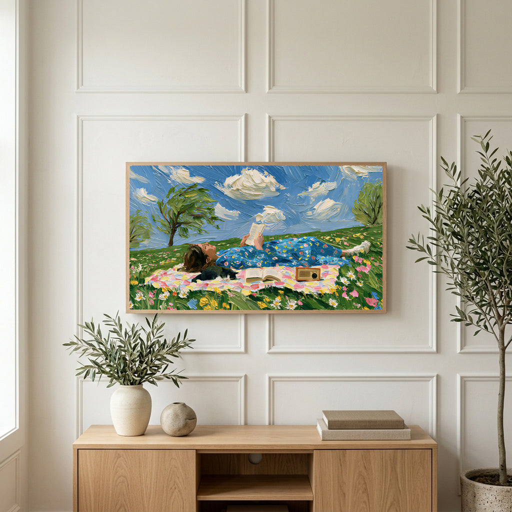 Picnic reader in a meadow art on a TV above a light oak sideboard with olive branches in a bright living room
