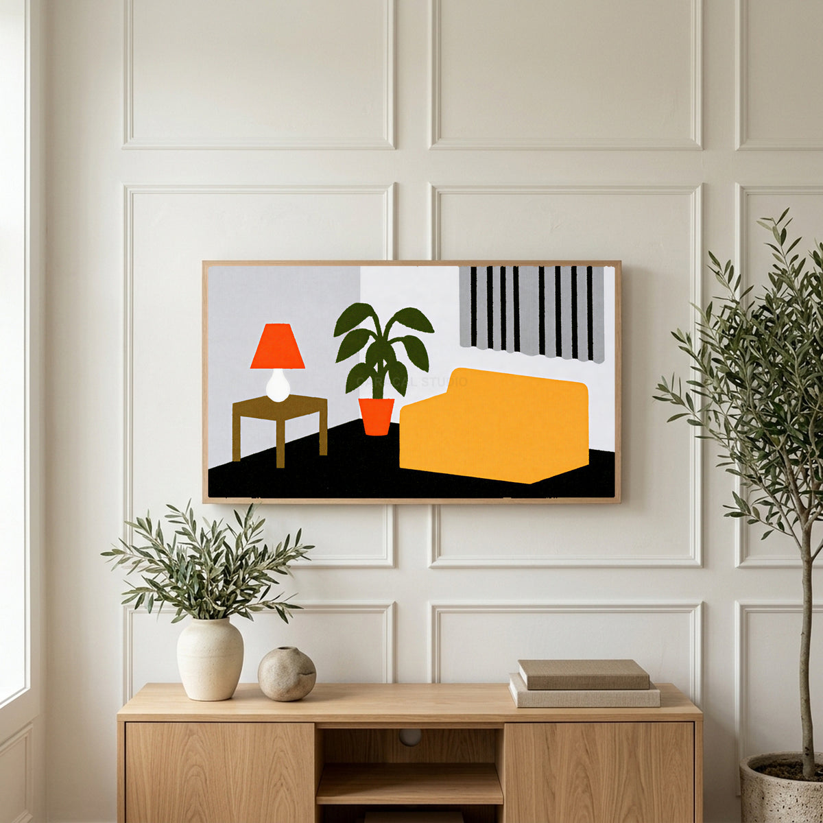 Mid century room art on a TV above a light oak sideboard with olive branches in a bright living room