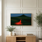 Woman running over green hills art on a TV above a light oak sideboard with olive branches in a bright living room