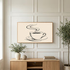 Coffee cup line art art on a TV above a light oak sideboard with olive branches in a bright living room