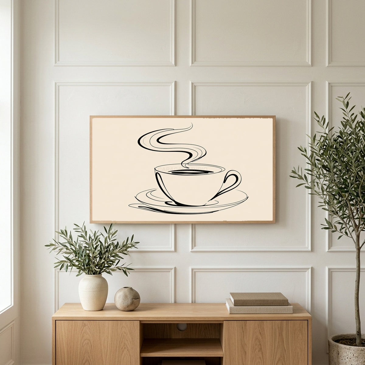 Coffee cup line art art on a TV above a light oak sideboard with olive branches in a bright living room