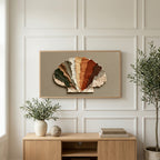 Earthy impasto seashell art on a TV above a light oak sideboard with olive branches in a bright living room