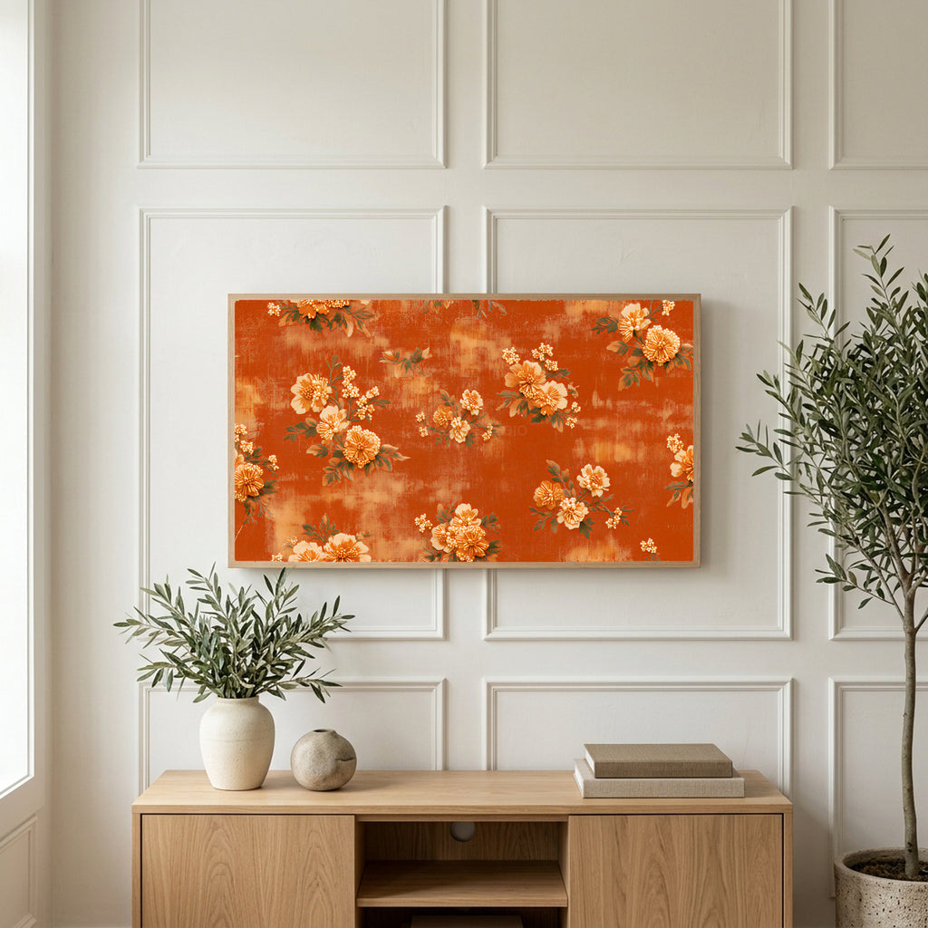 Beaded flowers art on a TV above a light oak sideboard with olive branches in a bright living room
