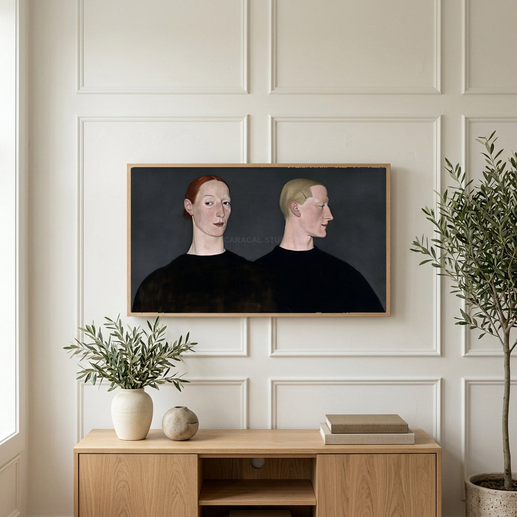 Two women portrait art on a TV above a light oak sideboard with olive branches in a bright living room
