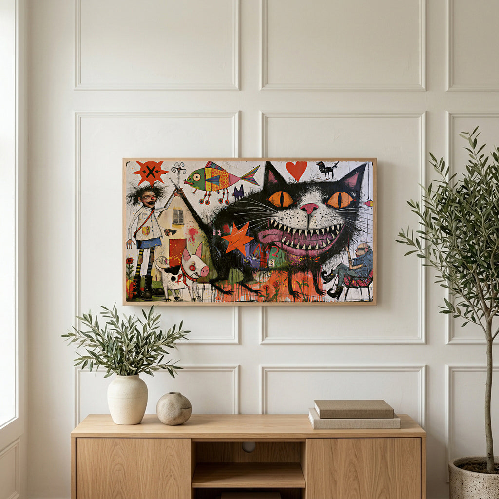 Grinning black cat art on a TV above a light oak sideboard with olive branches in a bright living room