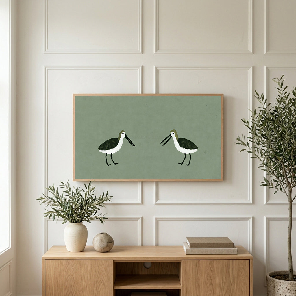 Two shorebirds art on a TV above a light oak sideboard with olive branches in a bright living room