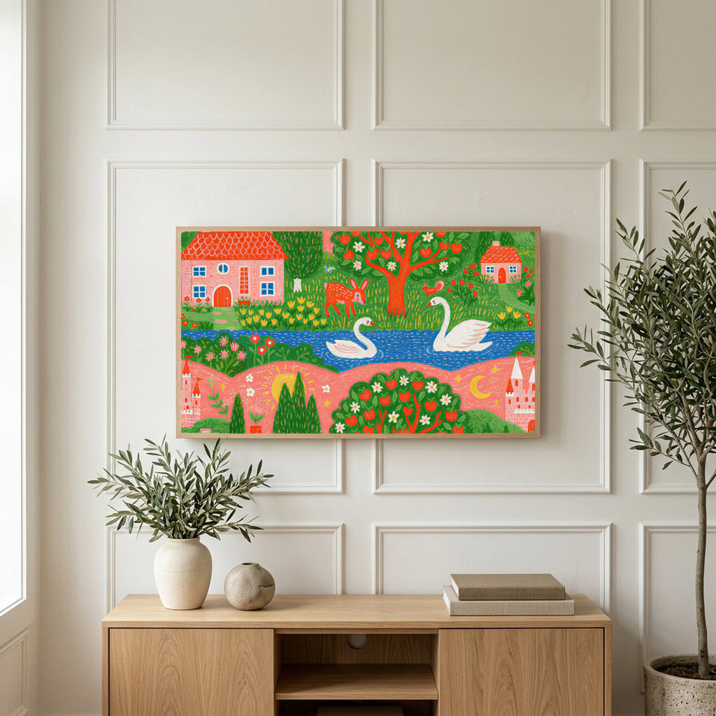Storybook village with swans art on a TV above a light oak sideboard with olive branches in a bright living room