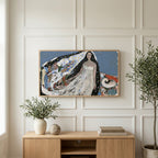 Starry veil woman art on a TV above a light oak sideboard with olive branches in a bright living room