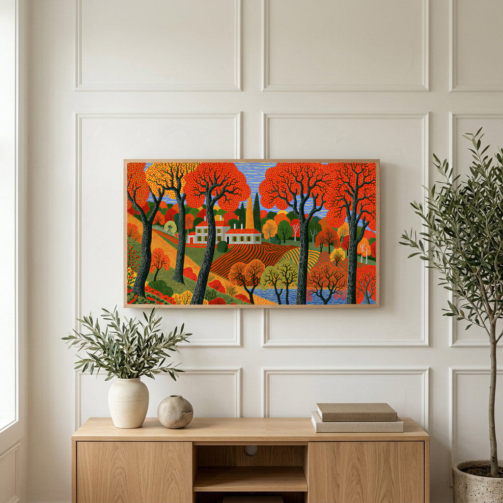 Folk art autumn farmhouse art on a TV above a light oak sideboard with olive branches in a bright living room