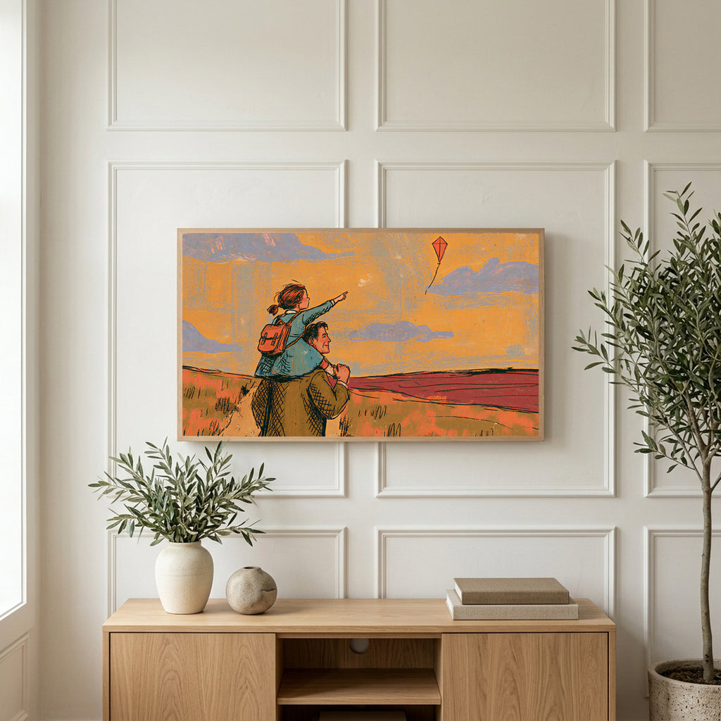 Father and daughter art on a TV above a light oak sideboard with olive branches in a bright living room