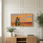 Father and daughter art on a TV above a light oak sideboard with olive branches in a bright living room