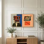 Calculator head collage art on a TV above a light oak sideboard with olive branches in a bright living room