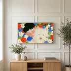 White terrier among flowers art on a TV above a light oak sideboard with olive branches in a bright living room