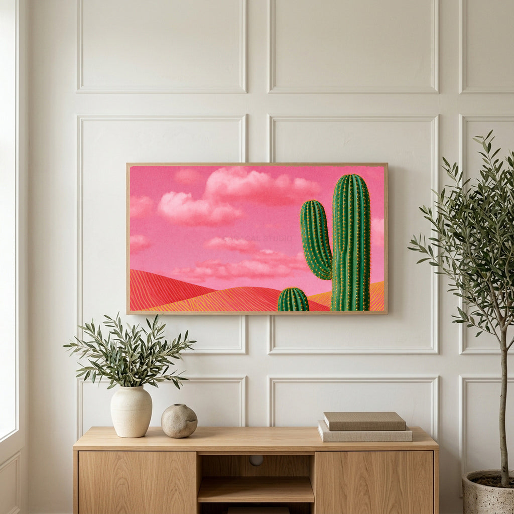 Saguaro cactus art on a TV above a light oak sideboard with olive branches in a bright living room