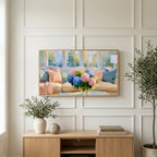 Pastel hydrangea bouquet art on a TV above a light oak sideboard with olive branches in a bright living room