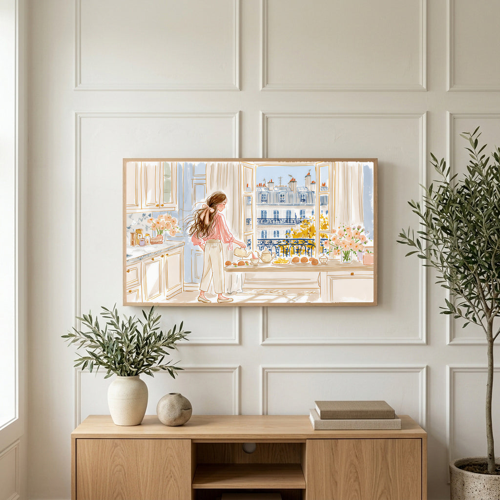 Paris morning tea art on a TV above a light oak sideboard with olive branches in a bright living room